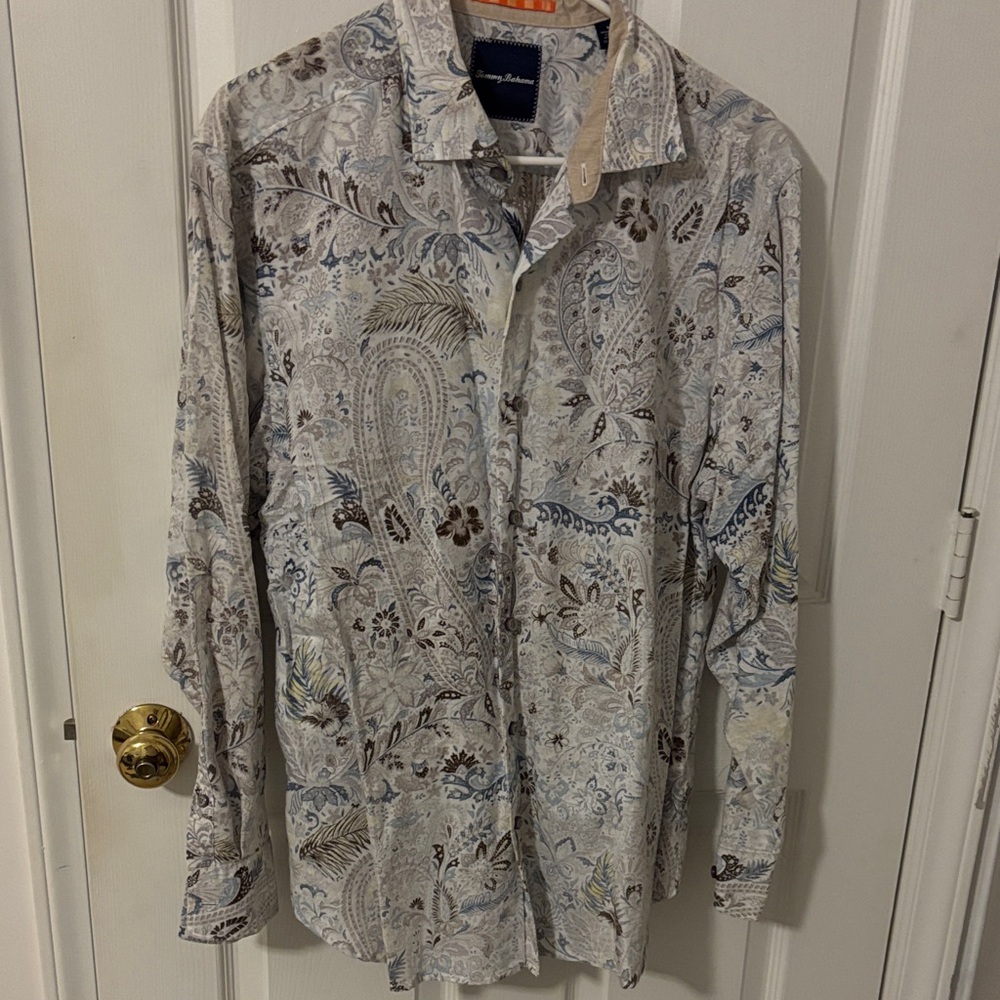 Tommy Bahama Paisley Casual Button Down Shirt - Cream and Blue